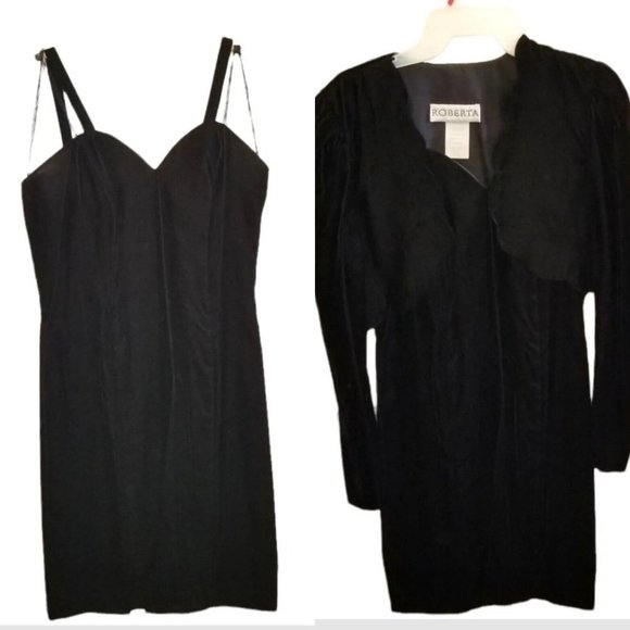 Vintage Dresses & Skirts - Vintage 90s Black Dress Set‎ Scalloped Edge Classic LBD Sweetheart Neckline Sz S